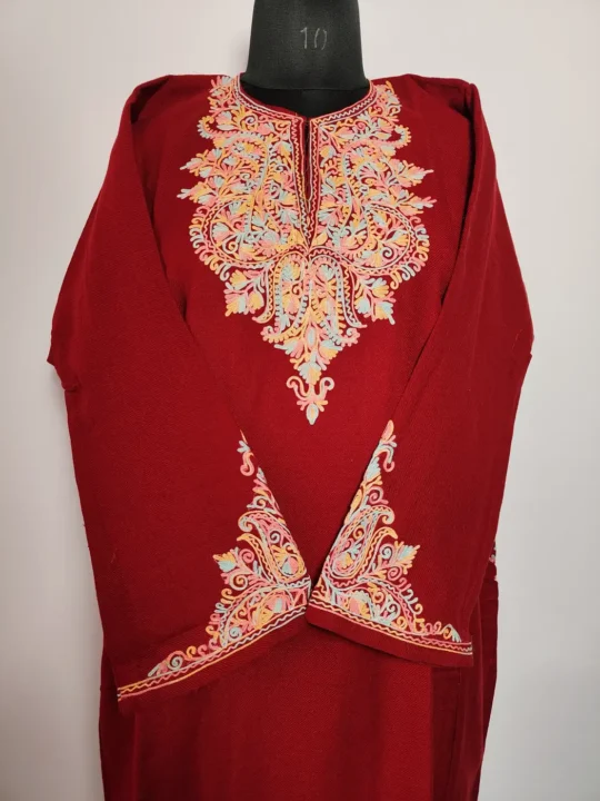 Aari Embroidered Maroon Cashmilon Fancy Sleeve Pheran
