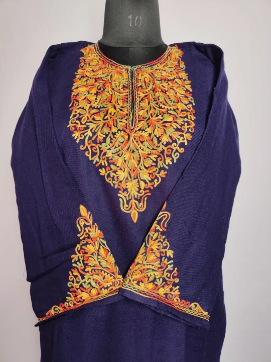 Cashmilon Dark Blue Fancy Sleeve Pheran with Aari Embroidery