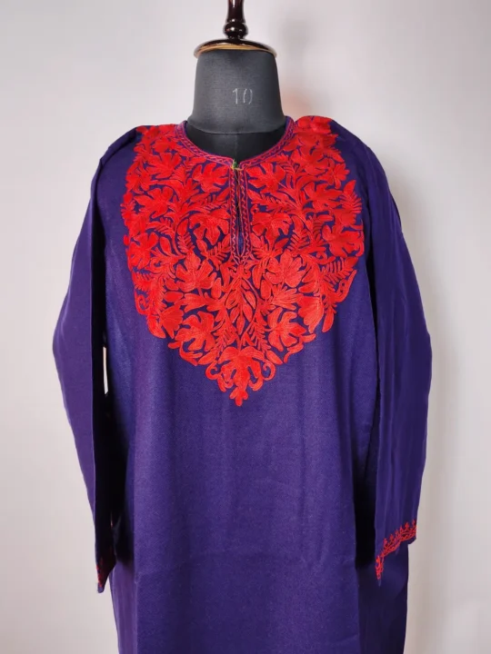 Dark Blue Women’s Cashmilon Pheran Highlighted with Aari Embroidery