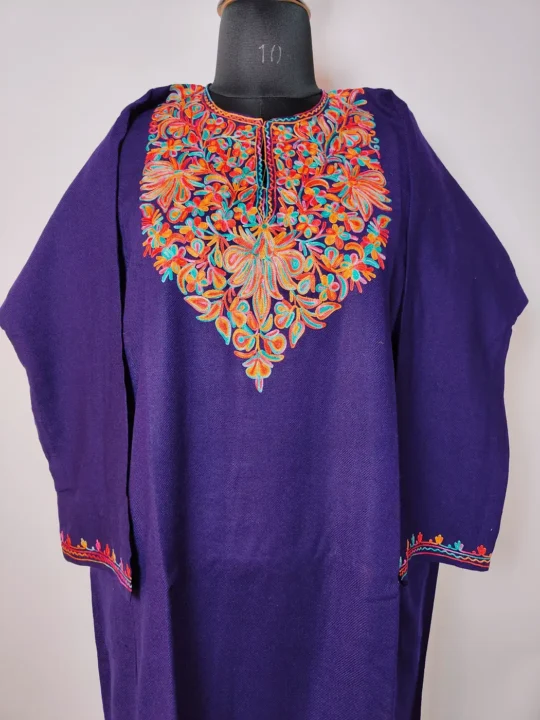 Royal Blue Women’s Cashmilon Pheran Highlighted with Aari Embroidery