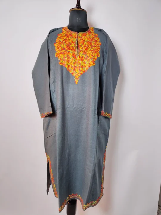 Dark grey Women’s Pheran in Cashmilon Featuring Aari Embroidery