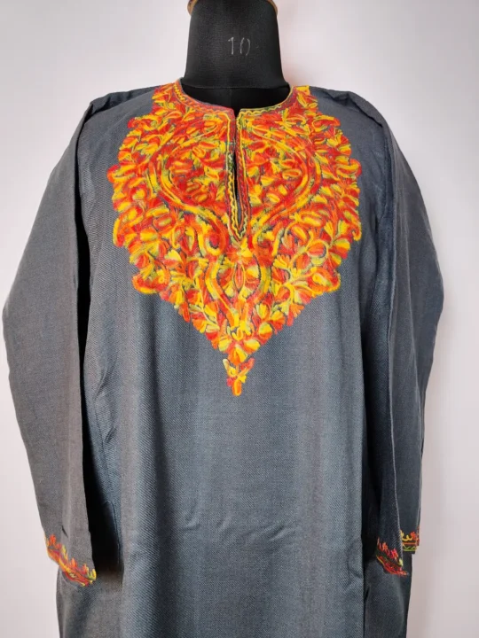 dark Grey Women’s Pheran in Cashmilon Featuring Aari Embroidery