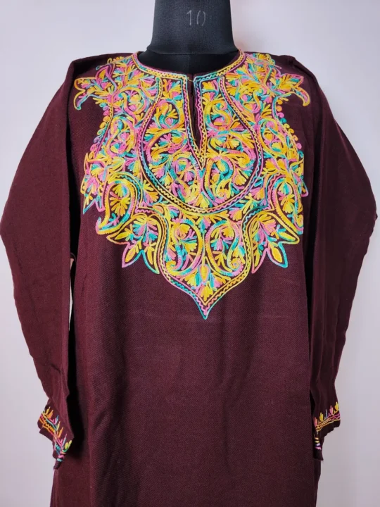 Wine Women’s Pheran in Cashmilon Featuring Aari Embroidery