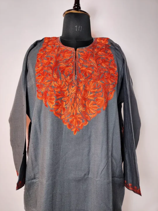 Dark Grey Women’s Pheran in Cashmilon Featuring Aari Embroidery