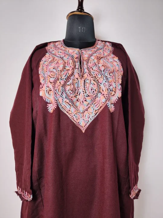 Wine Women’s Pheran in Cashmilon Featuring Aari Embroidery