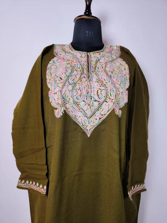 Olive Green Women’s Pheran in Cashmilon Featuring Aari Embroidery
