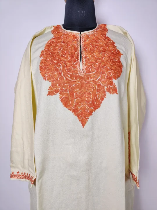 Cashmilon white Aari Work Winter Pheran