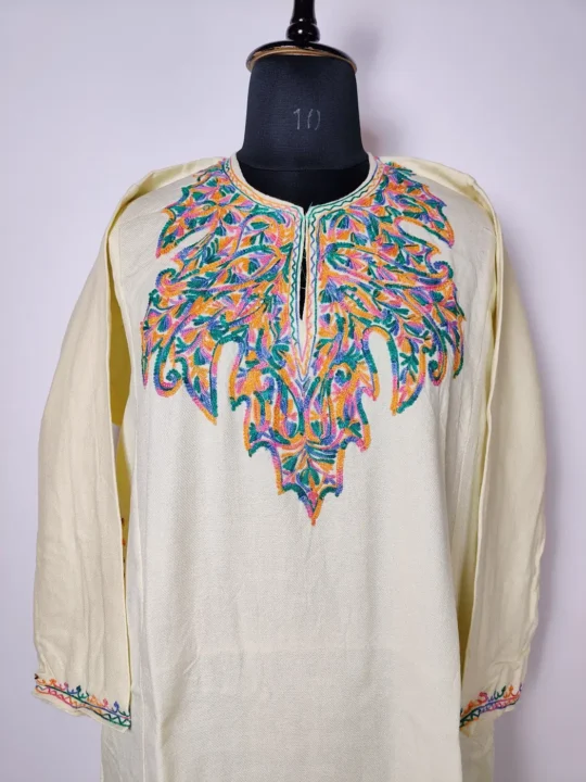 Cream Cashmilon Pheran with Aari Embroidery
