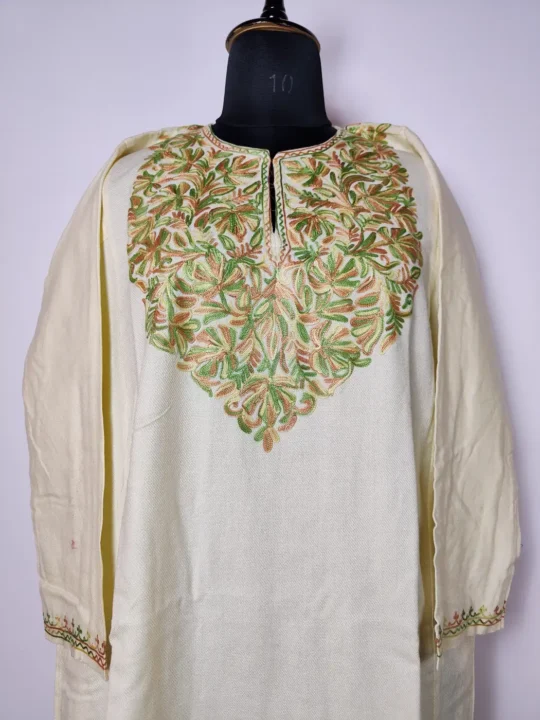 Cream Cashmilon Aari Work Women Pheran