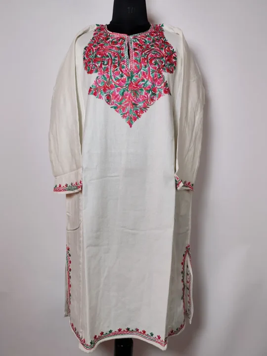 White Cashmilon Aari Work Women Pheran