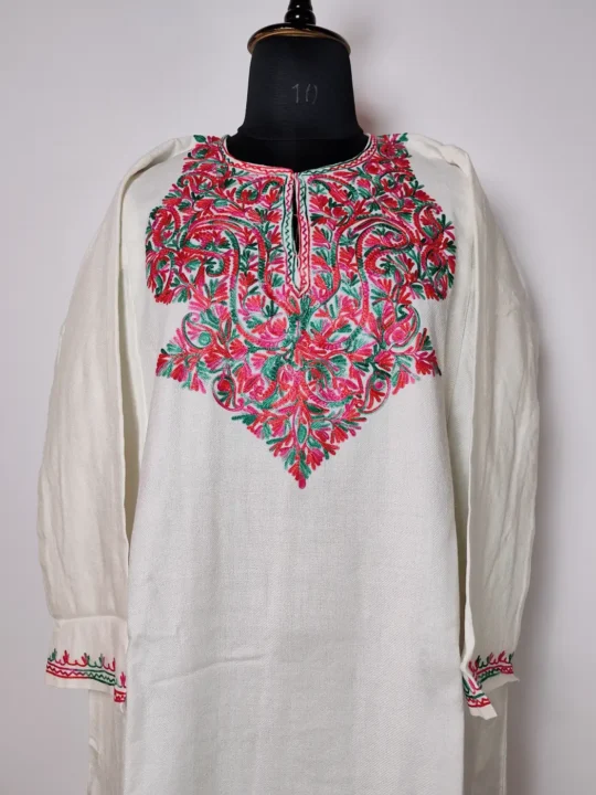 White Cashmilon Aari Work Women Pheran