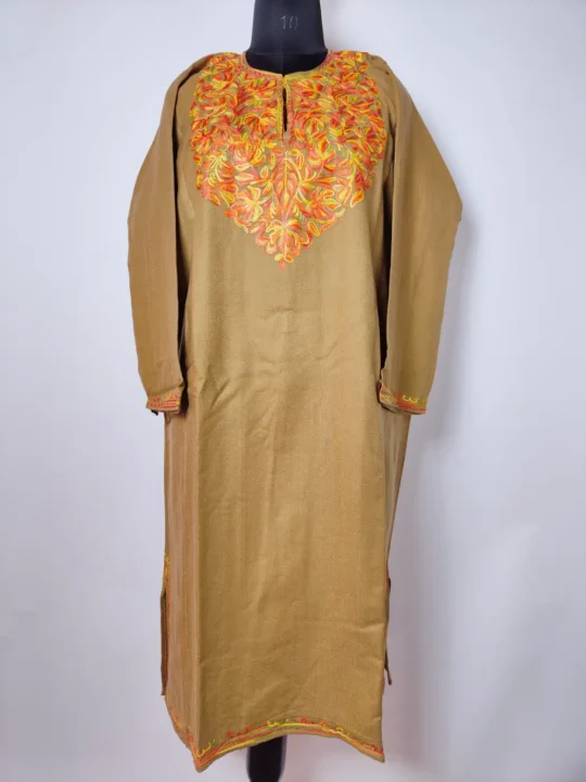 Beige Cashmilon Aari Work Women Pheran