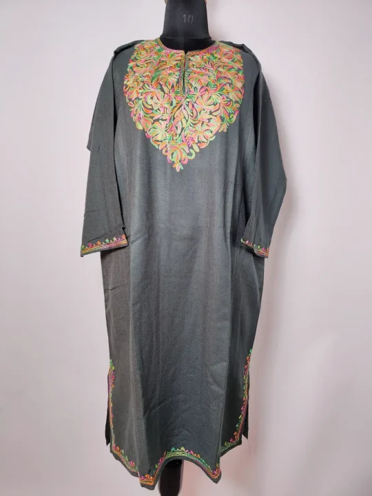 Dark Grey Cashmilon Women Pheran with Aari Embroidery