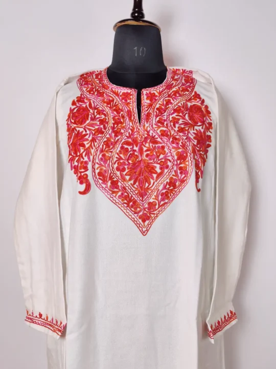 White Cashmilon Women Pheran with Aari Embroidery
