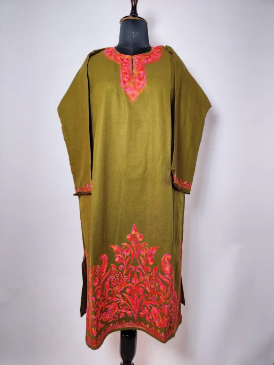 Green Cashmilon Women Pheran with Aari Embroidery