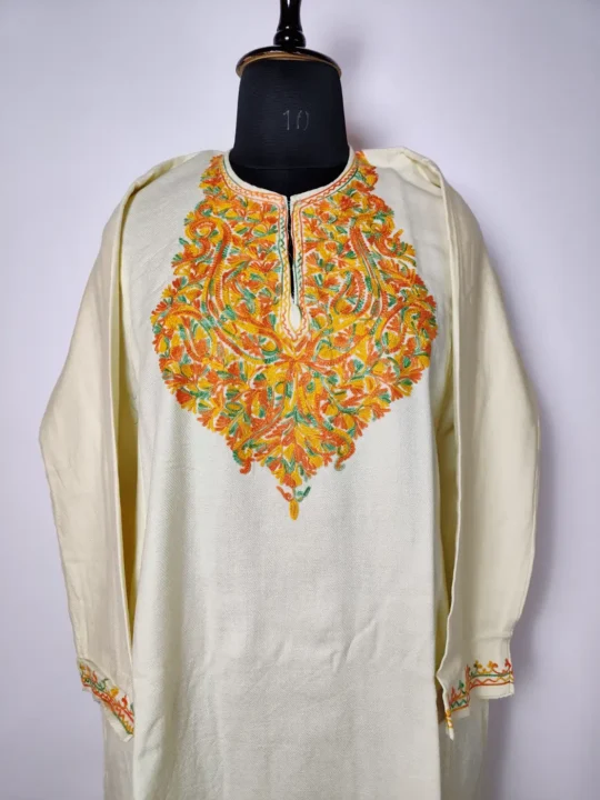 White Cashmilon Women Pheran with Aari Embroidery