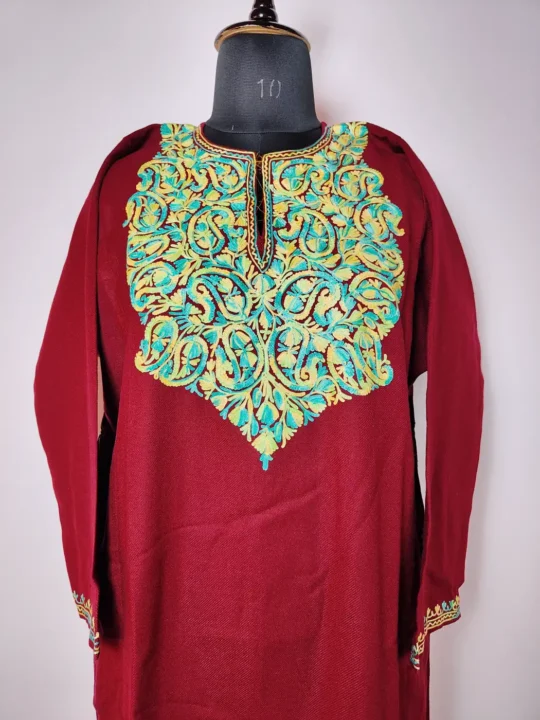 Maroon Cashmilon Aari Embroidery Pheran