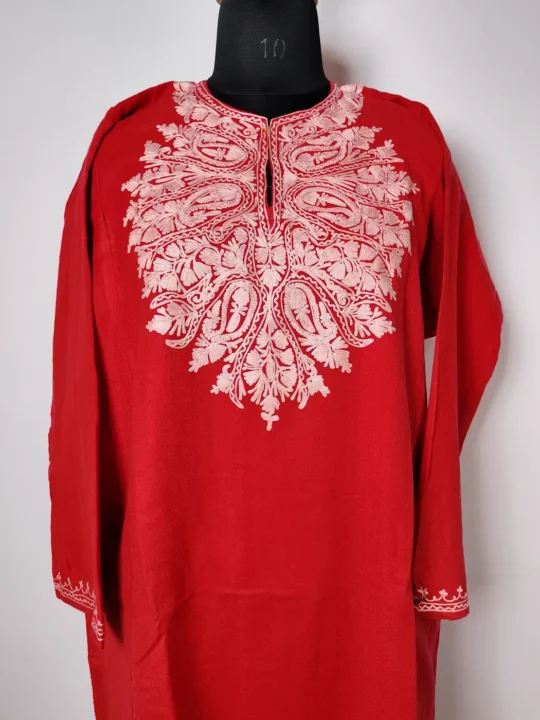 Red Green Pheran in Cashmilon with Aari Embroidery
