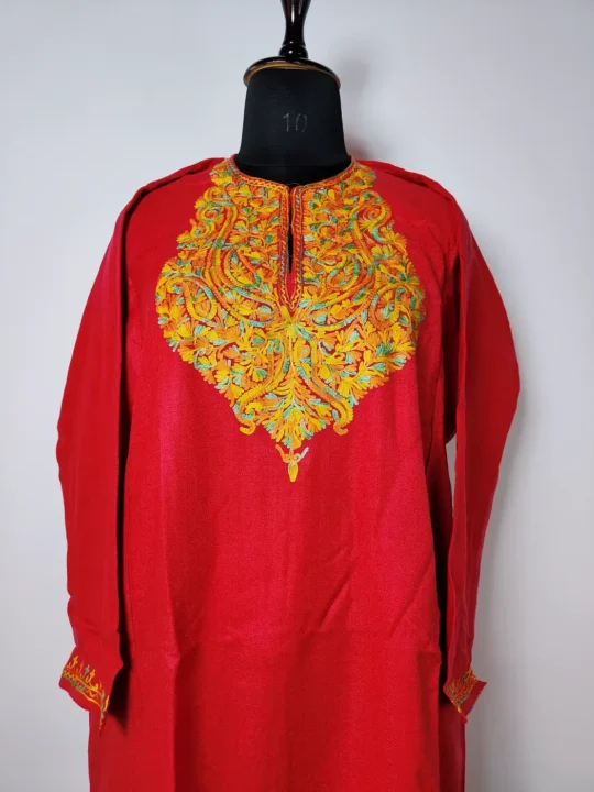 Red Green Pheran in Cashmilon with Aari Embroidery