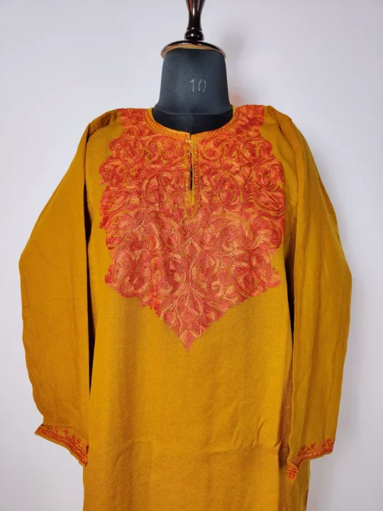 Mustard Cashmilon Aari Embroidered Pheran