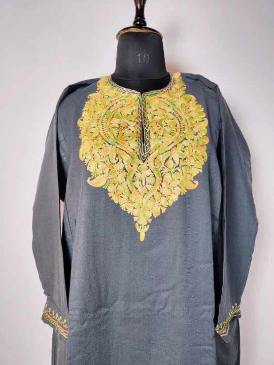 Dark Grey Cashmilon Aari Embroidered Pheran