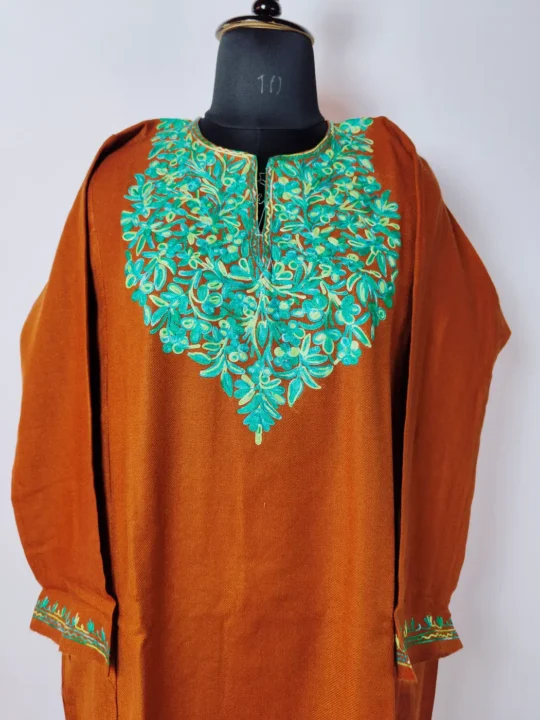 Brown Cashmilon Winter Pheran with Aari Work