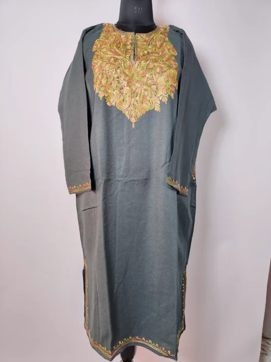 Dark grey Cashmilon Winter Pheran with Aari Work