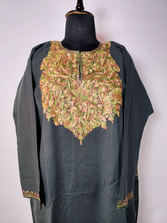 dark Grey Cashmilon Winter Pheran with Aari Work