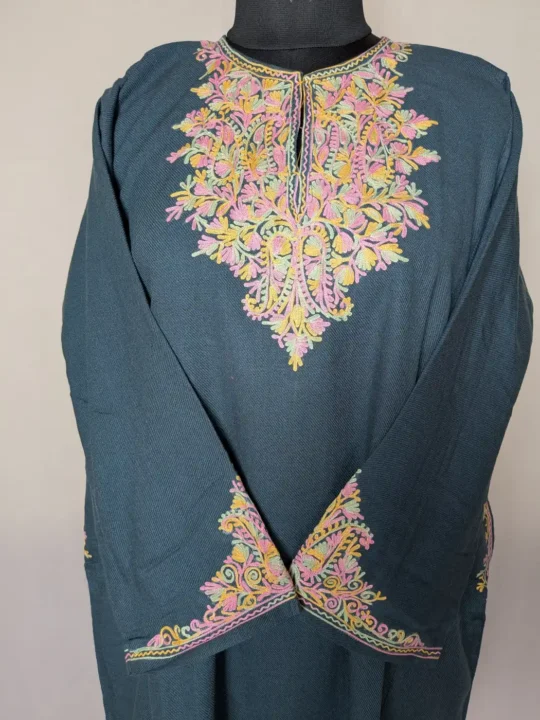 Dark Grey Mehr Cashmilon Fancy Sleeve Pheran with Aari Embroidery