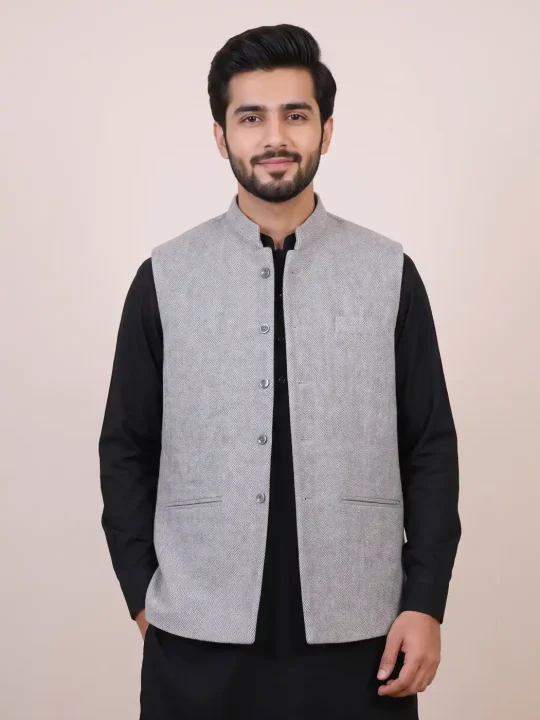 Grey Poshish Handloom Tweed Waistcoat for Men from Kashmir | Nehru Jacket