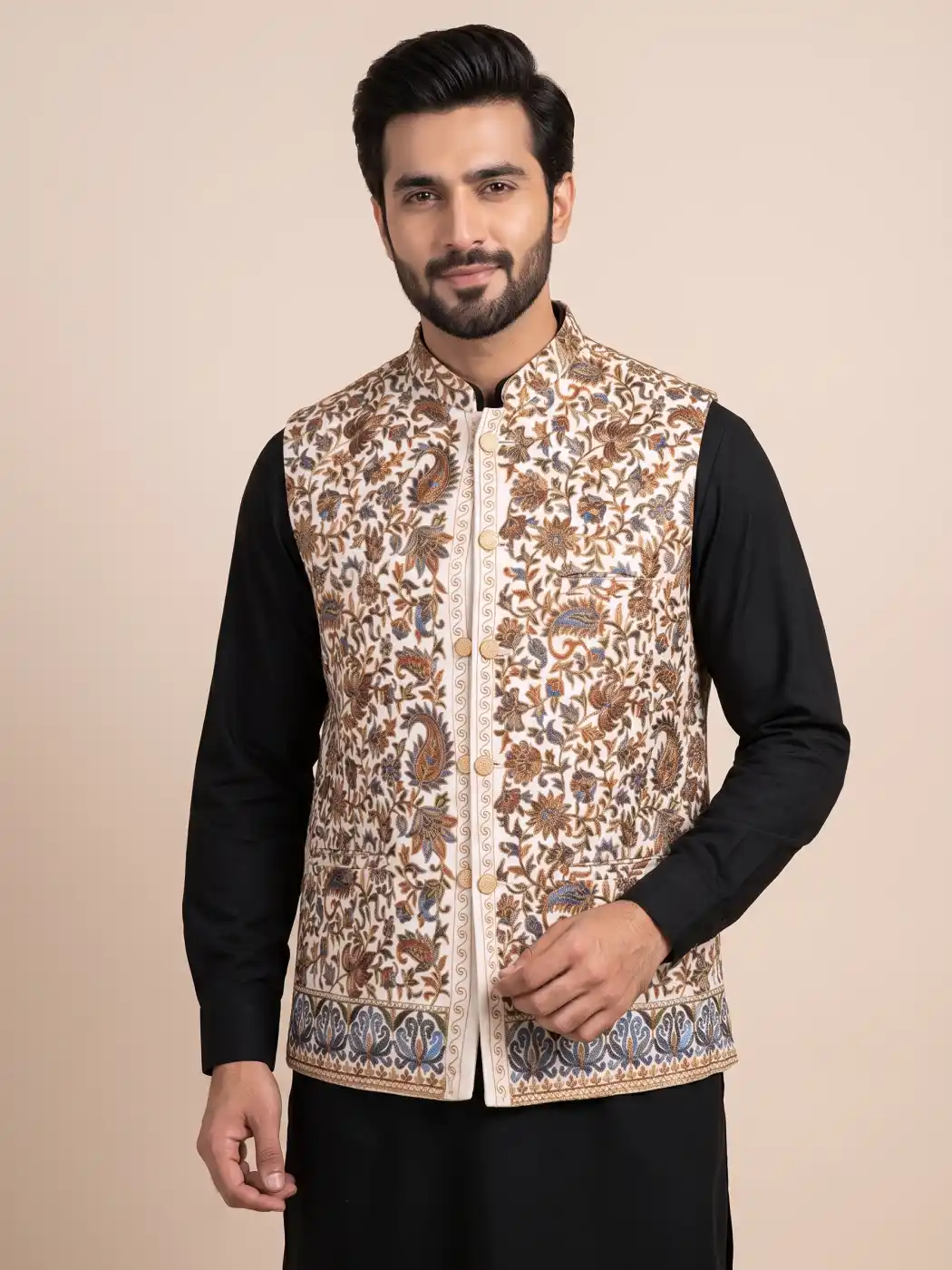 White Toosha Designer Nehru Jacket | Waist Coat with Kalamkari Aari Elegance