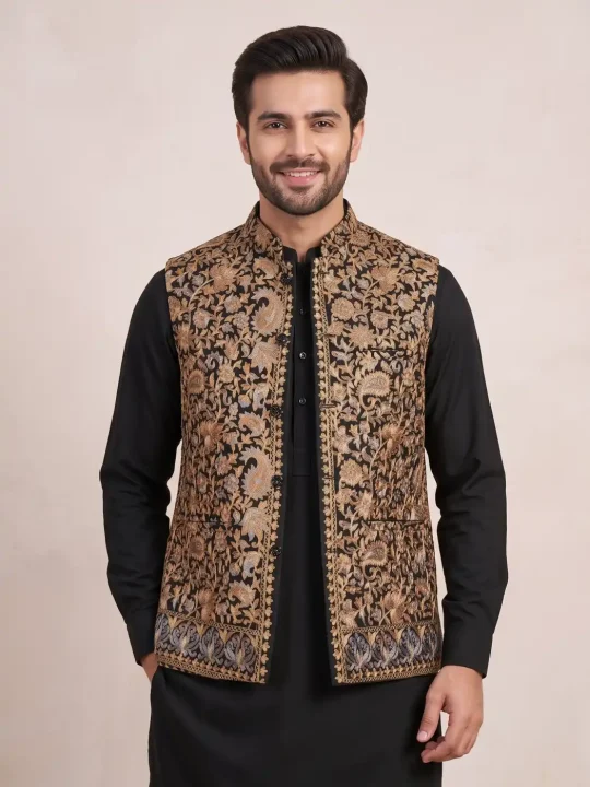 Toosha Designer Black Nehru Jacket | Waist Coat with Kalamkari Aari Elegance
