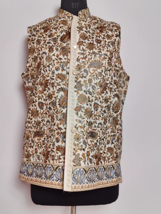 White Toosha Designer Waist Coat with Kalamkari Aari Elegance