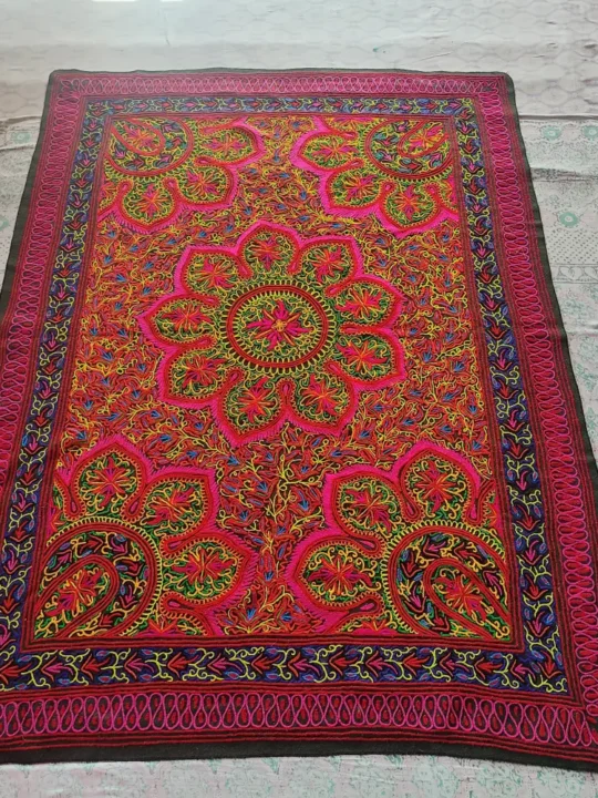 Hand Embroidered Black Kashmiri Gabba Rug with Circular Design | Approx. 8 Feet