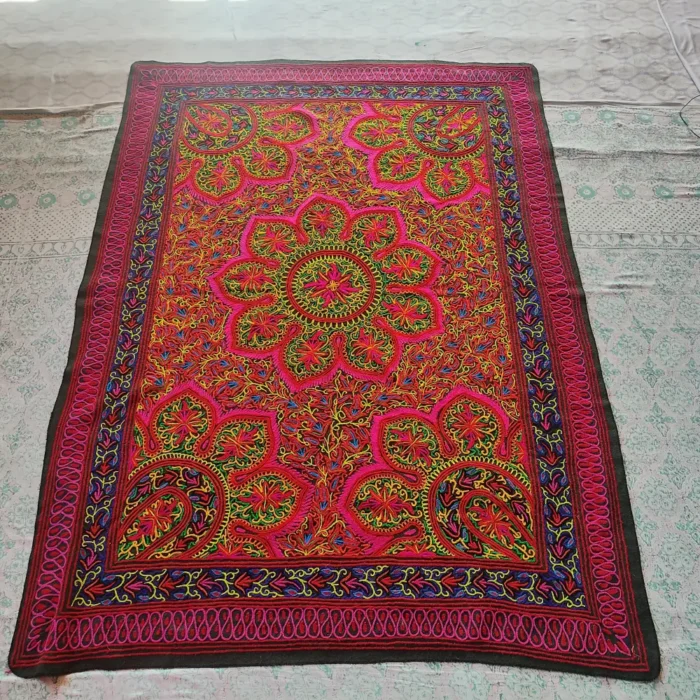 Hand Embroidered Black Kashmiri Gabba Rug with Circular Design | Approx. 8 Feet
