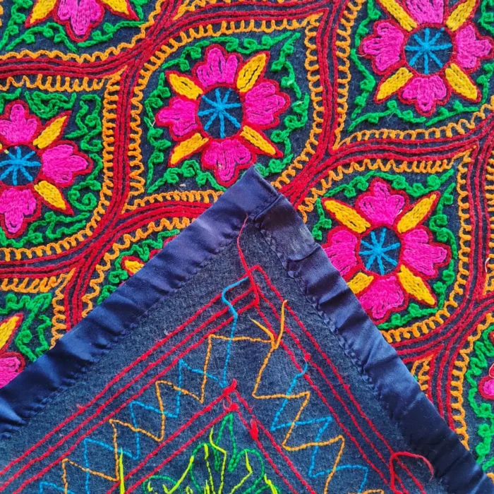 Dark Blue Hand Embroidered Kashmiri Gabba Rug with Geometric Design | Approx. 7.5 Feet - Image 2