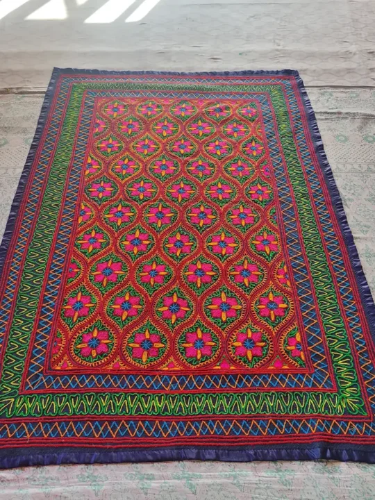 Dark Blue Hand Embroidered Kashmiri Gabba Rug with Geometric Design | Approx. 7.5 Feet