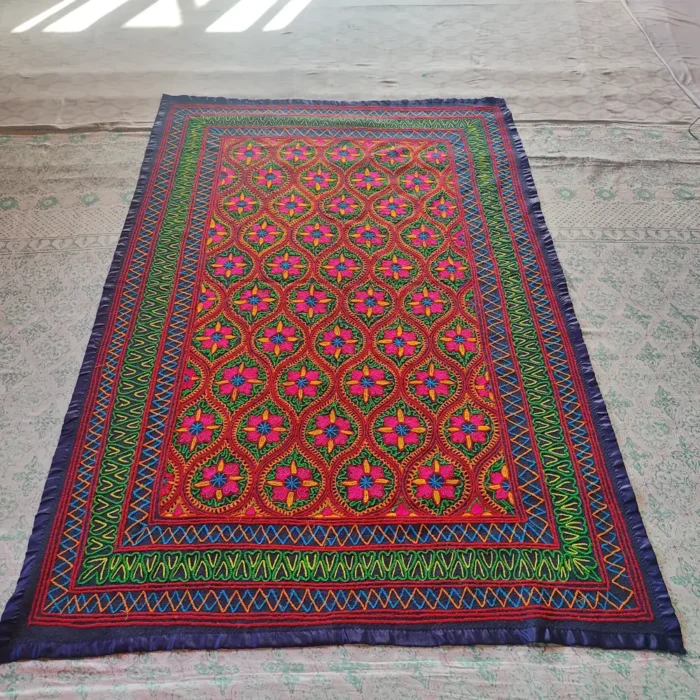 Dark Blue Hand Embroidered Kashmiri Gabba Rug with Geometric Design | Approx. 7.5 Feet