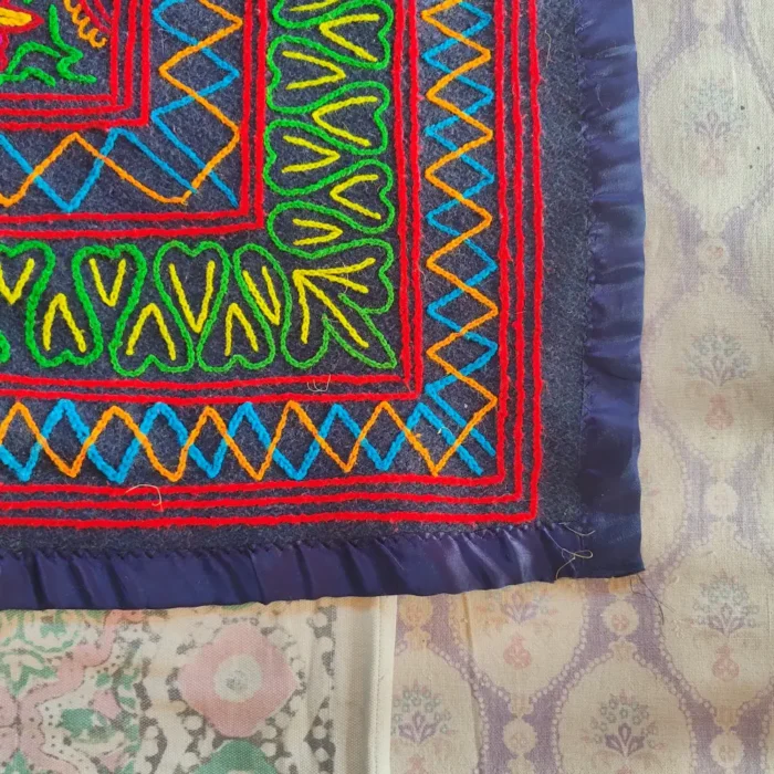 Dark Blue Hand Embroidered Kashmiri Gabba Rug with Geometric Design | Approx. 7.5 Feet - Image 3