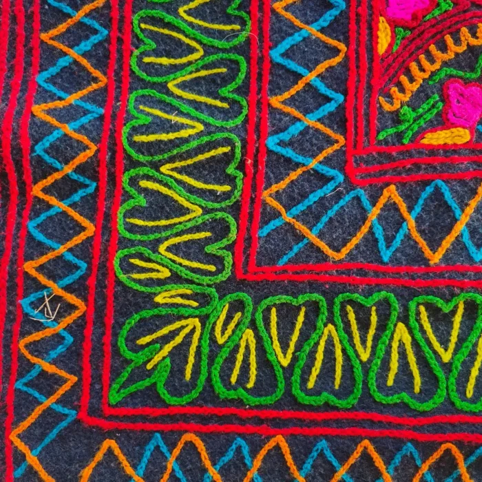Dark Blue Hand Embroidered Kashmiri Gabba Rug with Geometric Design | Approx. 7.5 Feet - Image 4