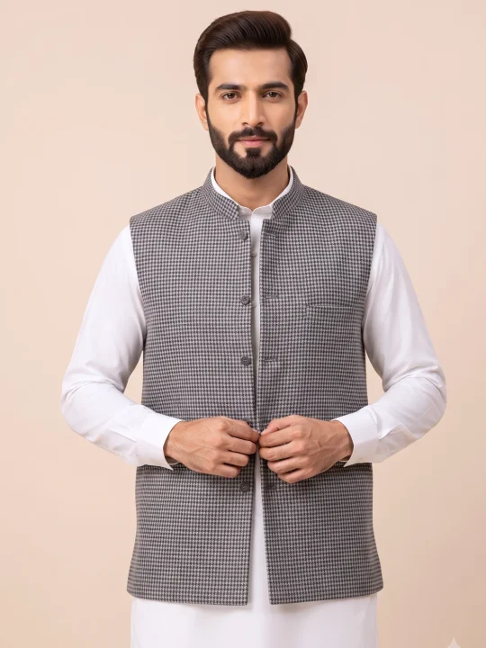 Kashmiri Grey Men’s Waistcoat Made from Poshish Tweed Handloom Fabric
