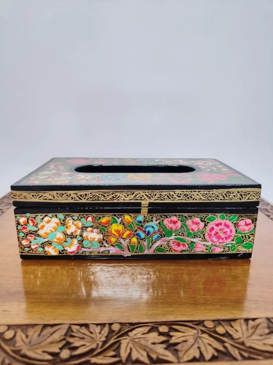 Kashmiri Black Paper Machie Floral Tissue Box