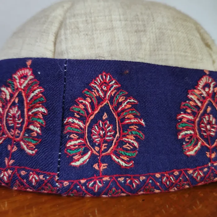 Kashmiri Hand Sozni Work Pure Pashmina Cream-Blue Cap - Image 3