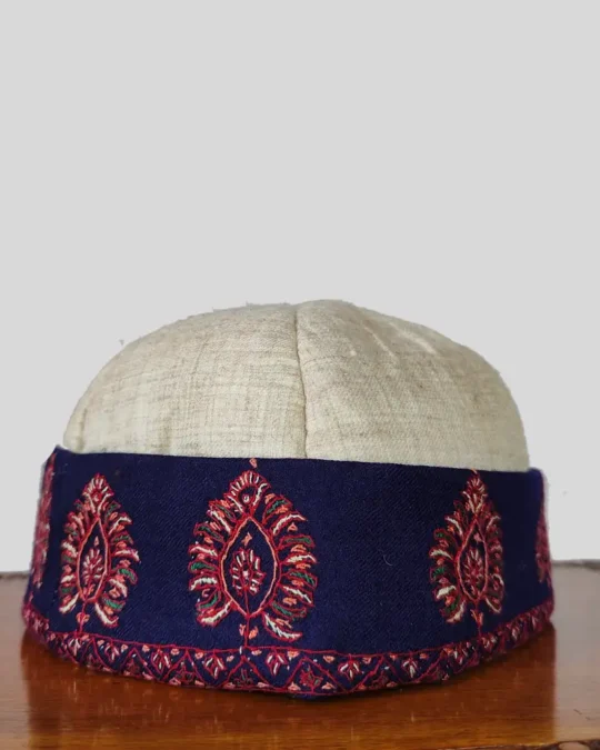 Kashmiri Hand Sozni Work Pure Pashmina Cream-Blue Topi