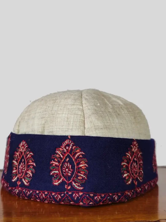Kashmiri Hand Sozni Work Pure Pashmina Cream-Blue Topi