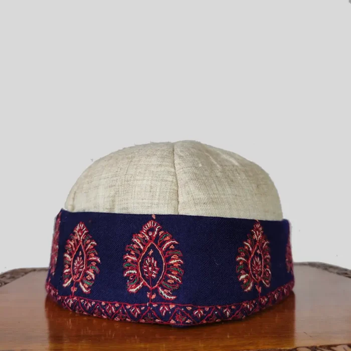 Kashmiri Hand Sozni Work Pure Pashmina Cream-Blue Topi