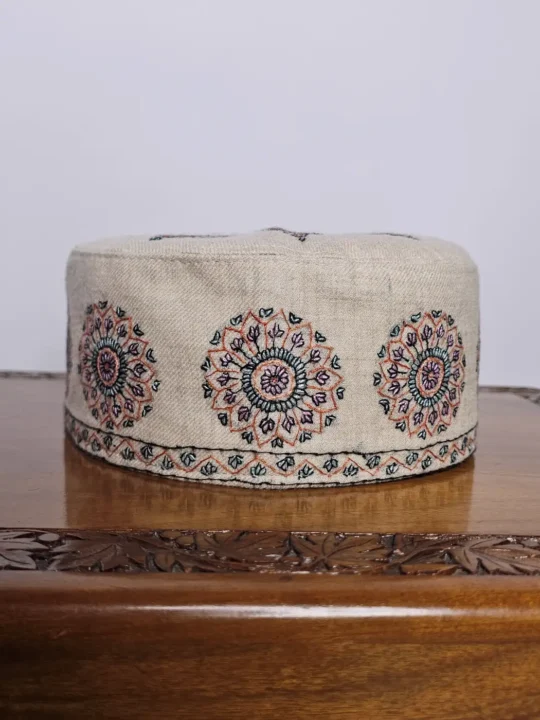 Haji Qadiri Kashmiri Cream Premium Pashmina Hand Sozni Work Cap