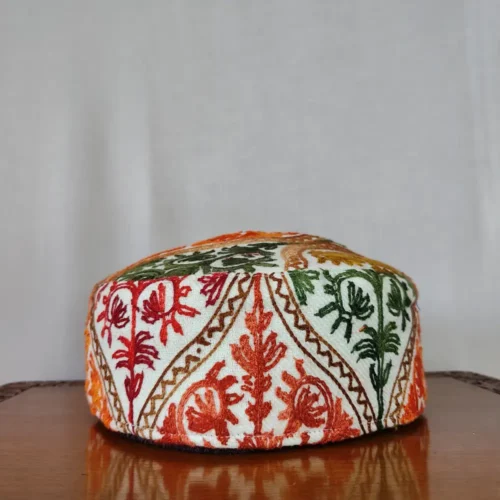 White Wool Cap with Aari Embroidery