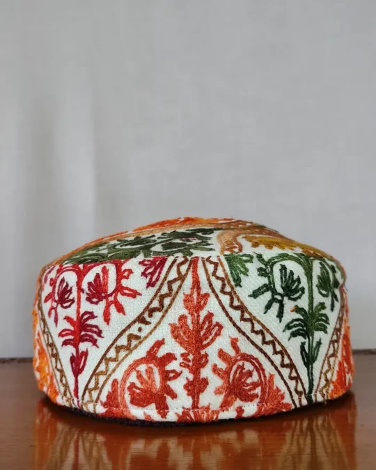 White Wool Cap with Aari Embroidery