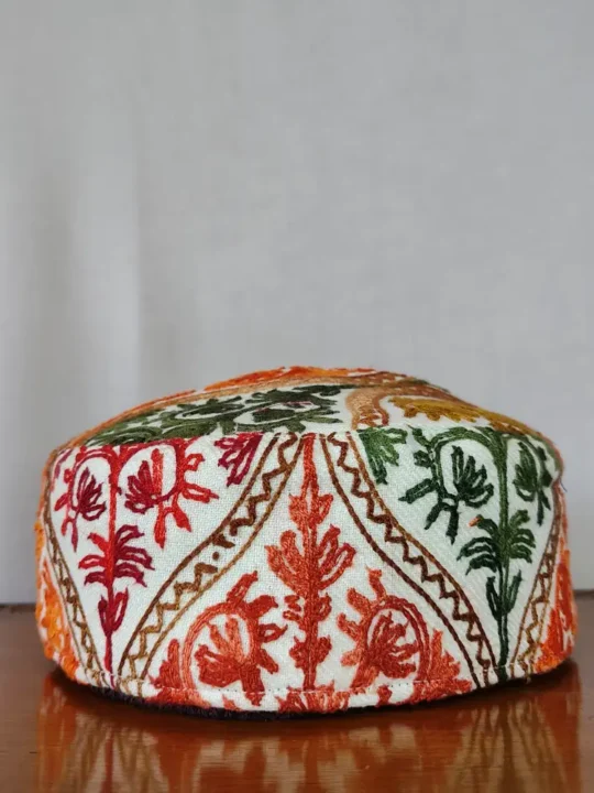 White Wool Cap with Aari Embroidery